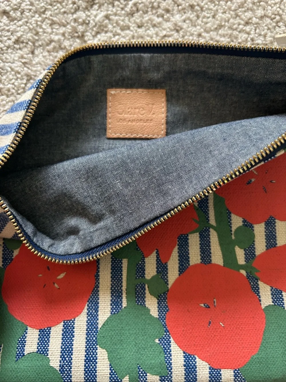 Clare V Orange Red Flower Accents Blue & White Stripe Canvas Pouch Clutch 8”X12” - Picture 4 of 6